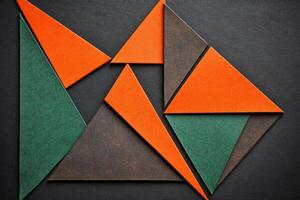 Abstract geometric design composed of overlapping triangles in orange, dark green, and brown hues photo