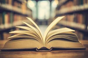 Open book amidst library shelves photo