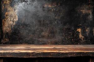 Rustic wooden table against a dark textured backdrop photo
