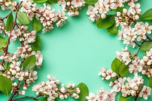 Spring blossom frame on mint background photo