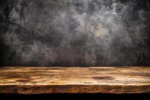 Rustic wooden table against a textured dark gray wall photo