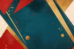 Abstract geometric design with teal, red, and gold accents photo