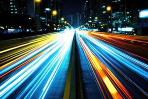 Night city highway, streaks of light from moving vehicles photo
