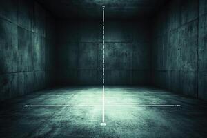 Empty, dark, concrete room with luminous lines photo