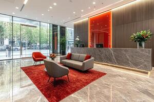 The lobby of a modern office building with red accents photo