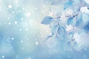 Delicate winter blossoms in soft pastel hues. Icy leaves and blossoms against a light blue background with subtle bokeh photo