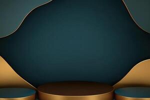 Elegant dark backdrop with gold accents and round podiums photo
