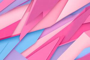 Abstract geometric pattern of vibrant, overlapping triangles in pastel pink, light blue, and lavender hues. Dynamic and textured, creating a sense of movement photo