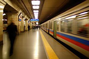 Underground train station, commuters, and motion blur photo