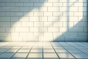 An empty room with a white tiled floor photo