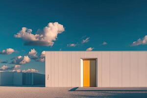 Minimalist modern building with a striking yellow door against a clear blue sky photo