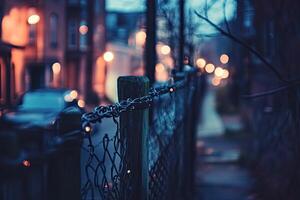 Evening city scene, fence with lights photo