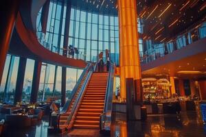 Modern, upscale hotel lobby with glass walls, orange accents, and a moving staircase photo