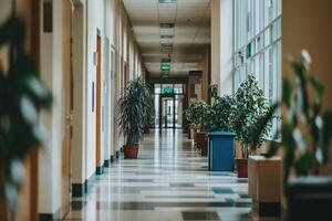 Empty school hallway, well-lit, with potted plants photo