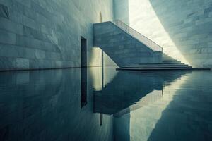 Modern architectural interior with water reflection photo