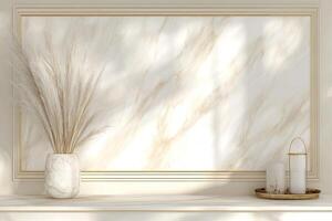 Elegant, minimalist display with pampas grass, marble, and candles photo
