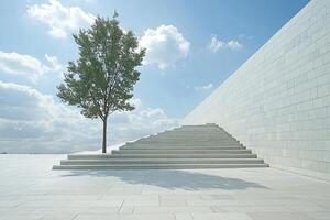 Modern steps leading upward to a bright sky, featuring a solitary tree photo