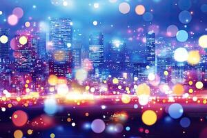 Vibrant city skyline at night, illuminated with colorful bokeh lights photo