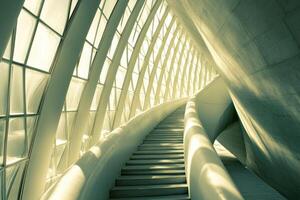 Modern spiral staircase with arched windows photo