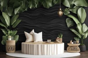 Modern, minimalist, tropical display space. Lush greenery frames a round, white pedestal photo