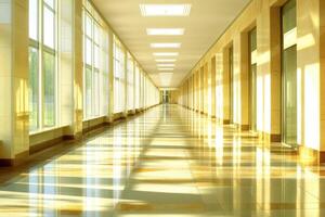 Sunlit hallway, modern architecture photo
