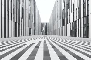Modern architectural perspective, black and white striped facade buildings photo
