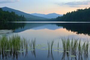 Serene lake at dawn, tranquil reflections photo