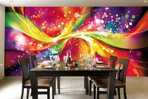 Vibrant, dynamic wall mural with swirling colors and sparkling highlights, set in a dining area photo