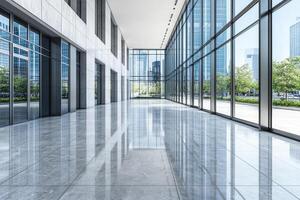 An empty office building with large windows and a large floor photo