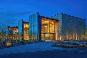 Modern, glass-fronted building at dusk photo