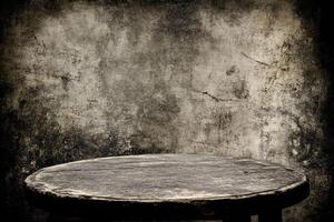 Aged wooden table against a textured wall photo