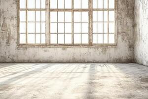 An empty room with a large window and cement floor photo