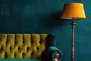 Mustard velvet sofa and vintage lamp photo