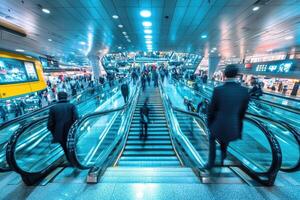 Crowded transport hub with escalators photo