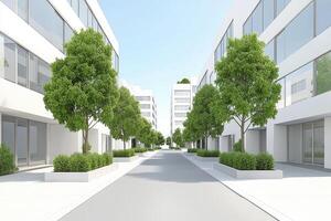Modern urban street lined with white buildings and lush greenery photo