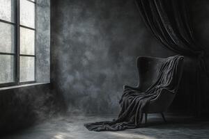 Dark, moody room with dramatic lighting and a single armchair draped in a dark fabric photo