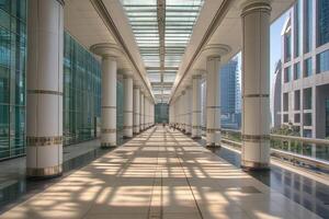 Modern colonnaded walkway, city views photo
