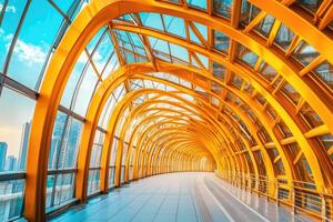 Urban walkway with vibrant yellow arches photo