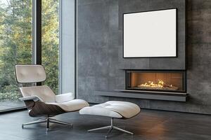 Modern lounge with fireplace and large blank art piece photo