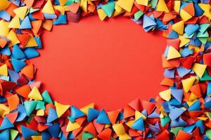 Colorful triangular shapes frame a red background photo