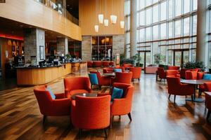 Spacious hotel lobby with comfortable seating photo