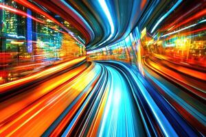 A vibrant, fast-paced tunnel of light, city lights blur in motion photo