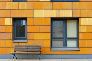 Modern facade with orange and yellow bricks, windows, and bench photo