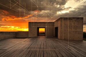 Sunset view through modern concrete structure photo