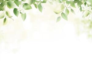 Delicate spring foliage. Soft, light green leaves and branches on a pale yellow and white background photo