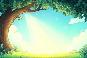 Lush, sunlit forest clearing photo