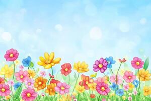 Colorful flowers in a field against a soft sky photo