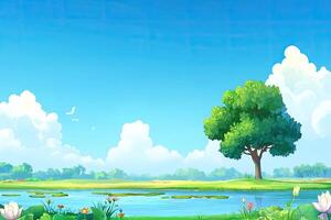 Serene landscape of a placid lake under a vibrant blue sky. Lush greenery surrounds a tranquil body of water dotted with colorful flowers and a solitary tree photo