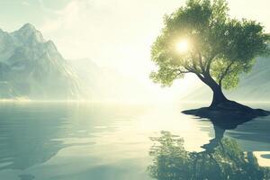 Tranquil lake scene with a lone tree atop a small island. Lush green tree stands amidst serene mountains reflecting in the calm water. Sunrise or sunset light bathes the scene in a soft glow photo