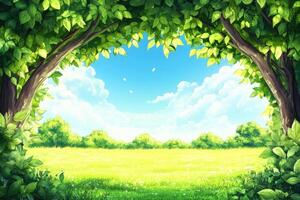 An illustration of a green field with trees and sky photo